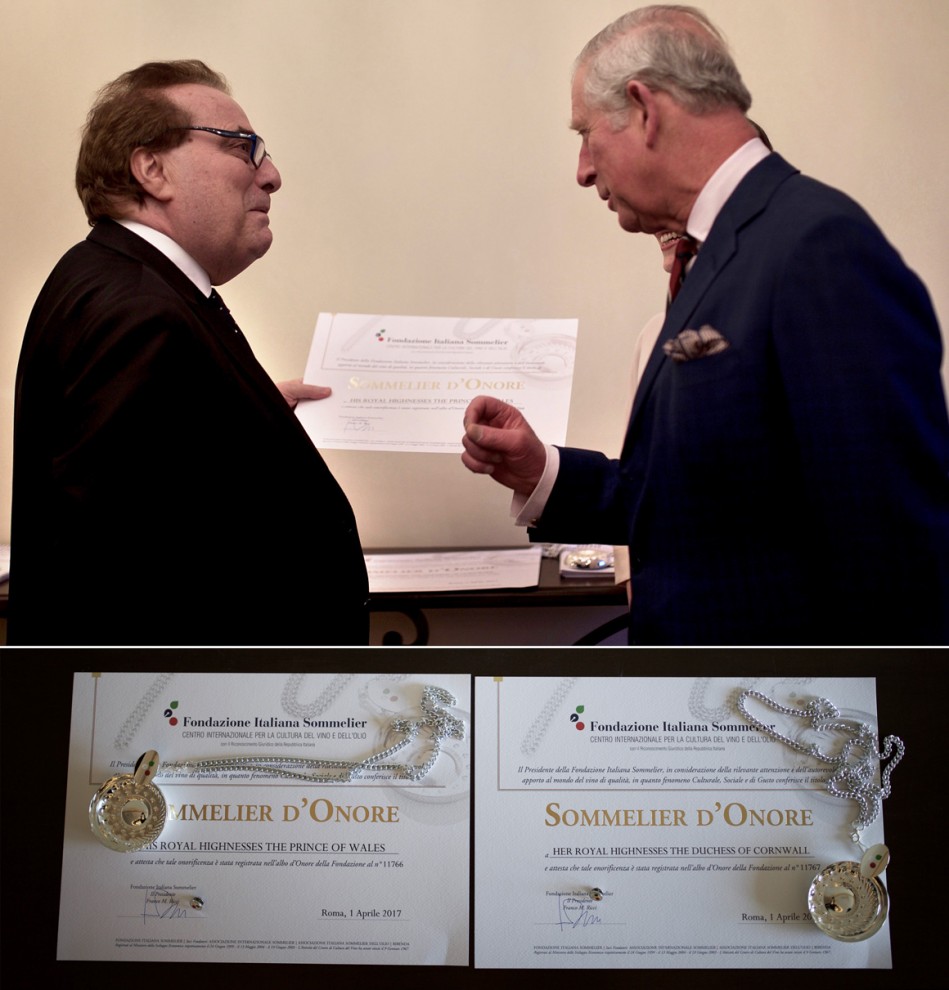 I Diplomi di Sommelier d'Onore consegnati al Principe Carlo e alla Duchessa Camilla