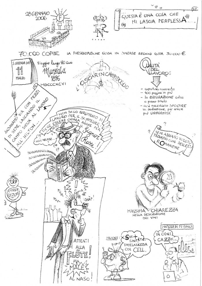 Disegno di Daniele Maestri. L’immagine è un verbale a fumetti di una delle prime riunioni annuali dei redattori della Guida BIBENDA-DUEMILAVINI. Disegno di Daniele Maestri. L’immagine è un verbale a fumetti di una delle prime riunioni annuali dei redattori della Guida BIBENDA-DUEMILAVINI.