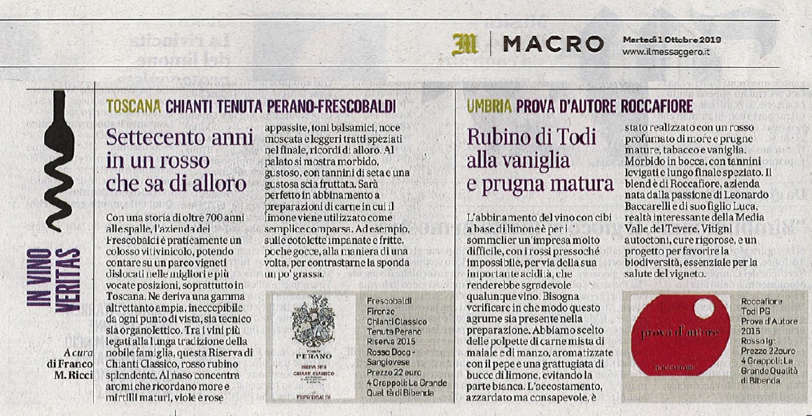 Il Messaggero di Martedì 1° Ottobre 2019 / Frescobaldi Il Messaggero di Martedì 1° Ottobre 2019 / Frescobaldi