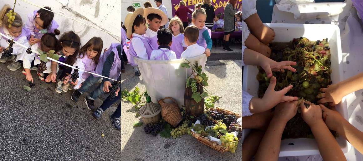 Un gruppo di bambini che si impegnano nella Vendemmia e nella Pigiatura dell’uva