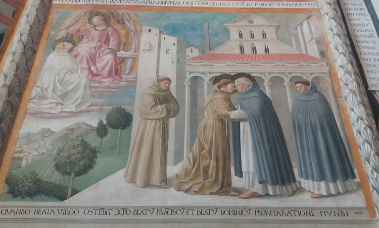 Benozzo Gozzoli, Incontro a Roma tra San Francesco e San Domenico, affresco, Complesso Museale di San Francesco, Montefalco