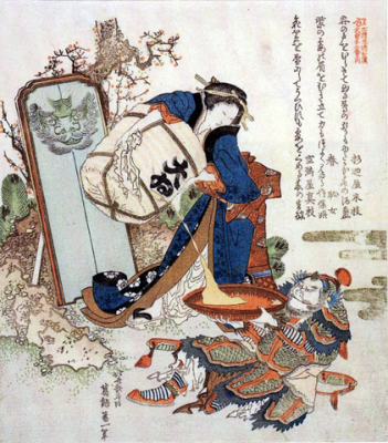Hokusai: Oiko che versa il sake ad un guerriero