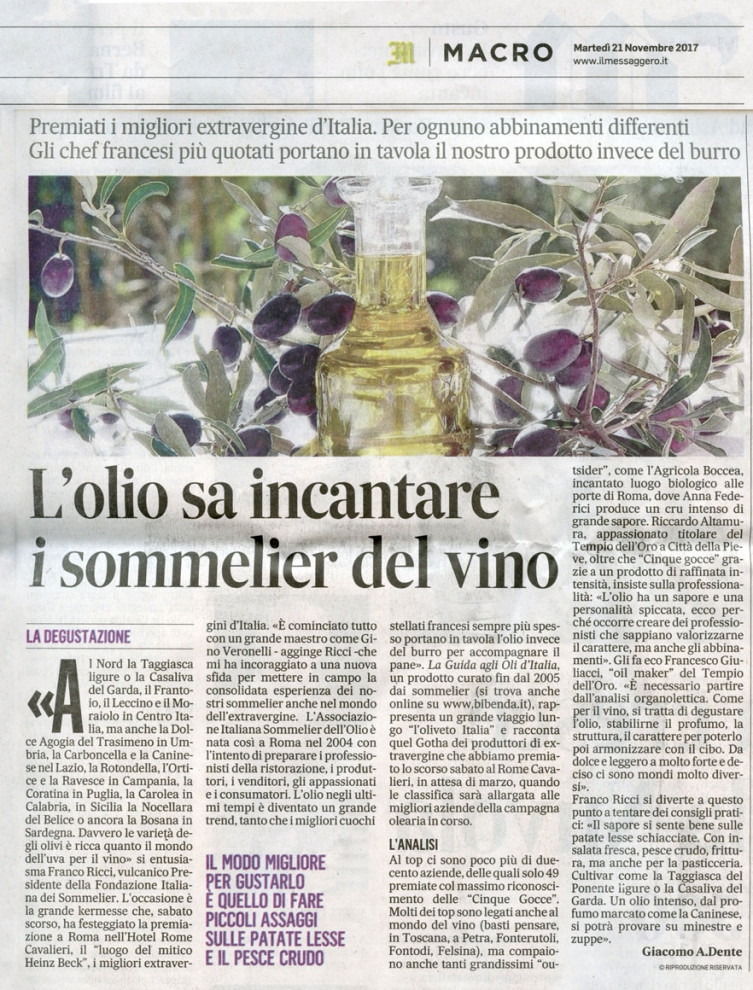 L'olio sa incantare i sommelier del vino - Il Messaggero del 21 Novembre 2017