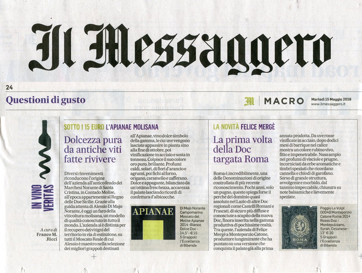 Il Messaggero di Martedì 15 Maggio 2018 / Di Majo Norante Il Messaggero di Martedì 15 Maggio 2018 / Di Majo Norante