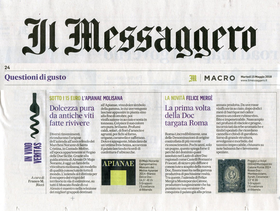 Il Messaggero di Martedì 15 Maggio 2018 / Di Majo Norante