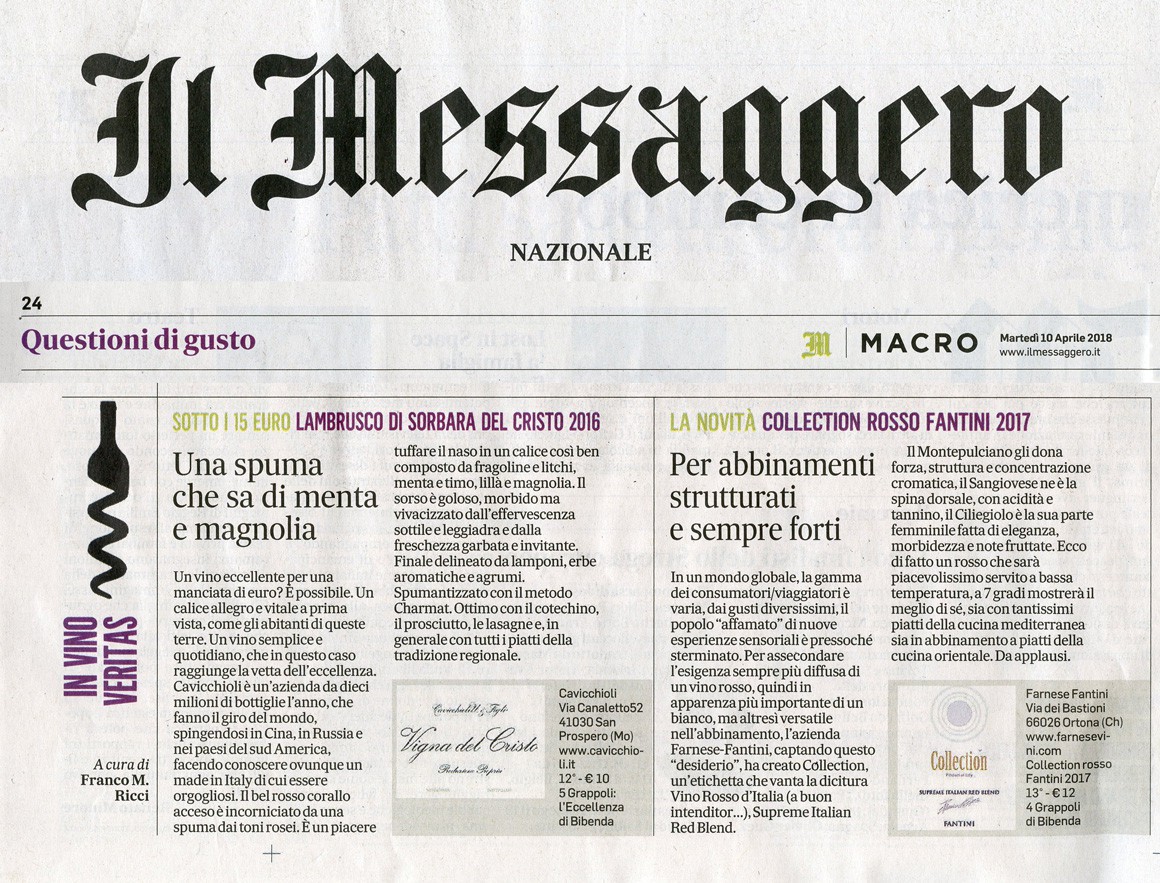 Il Messaggero di Martedì 10 Aprile 2018 / Cavicchioli