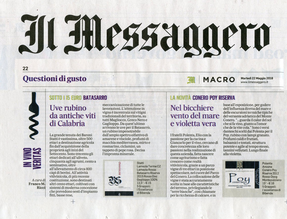 Il Messaggero di Martedì 22 Maggio 2018 / Polenta