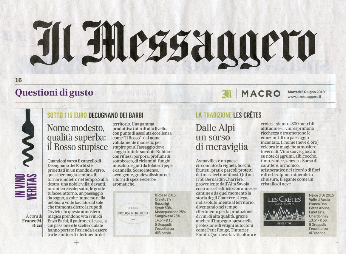 Il Messaggero di Martedì 2 Giugno 2018 / Les Cretes