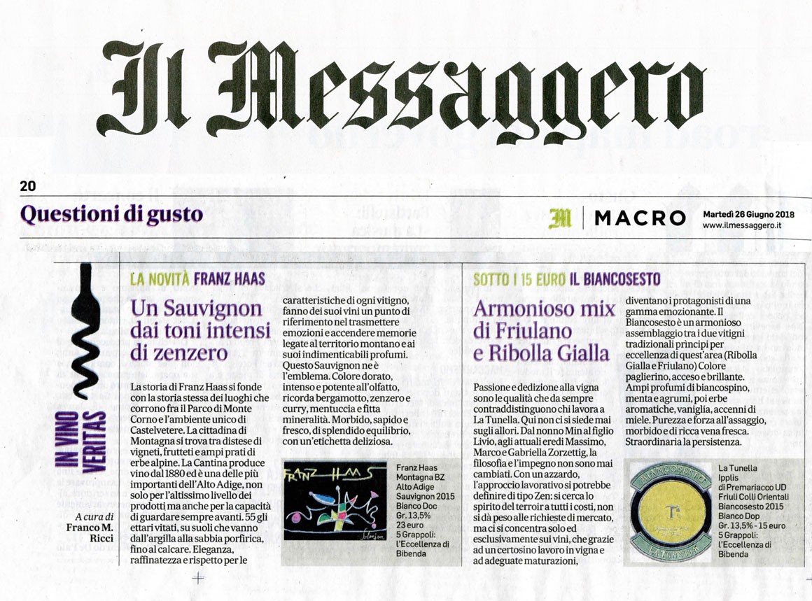 Il Messaggero di Martedì 26 Giugno 2018 / Franz Haas