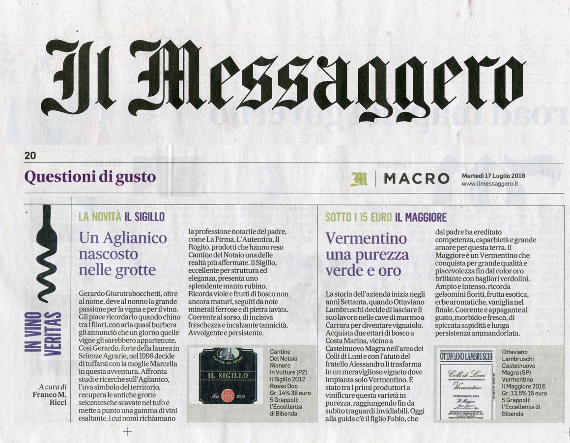 Il Messaggero di Martedì 17 Luglio 2018 / Cantine del Notaio Il Messaggero di Martedì 17 Luglio 2018 / Cantine del Notaio