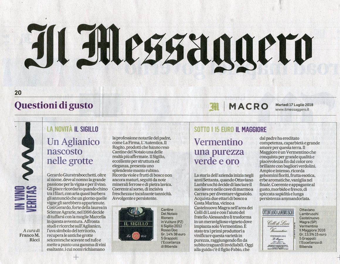 Il Messaggero di Martedì 17 Luglio 2018 / Cantine del Notaio