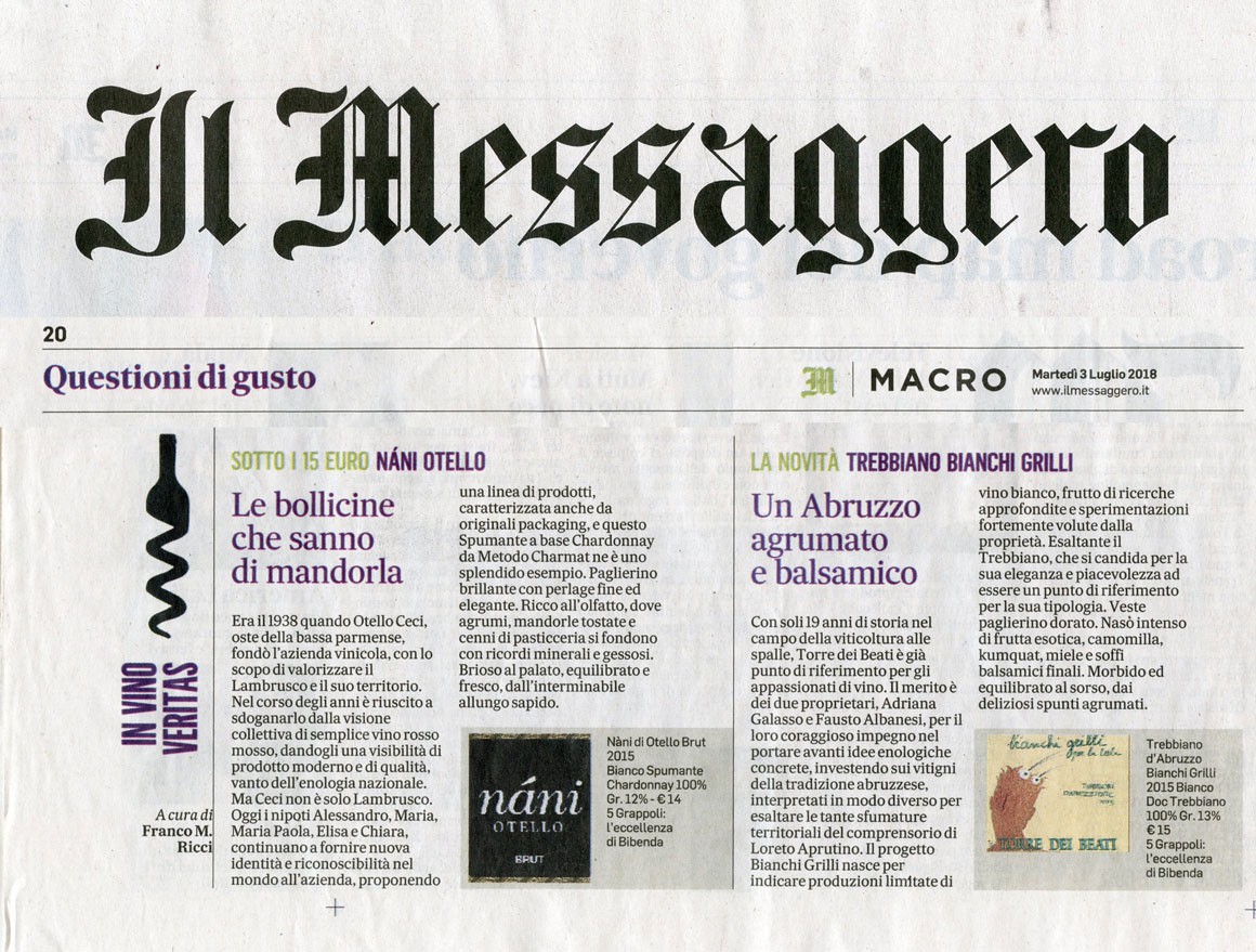 Il Messaggero di Martedì 3 Luglio 2018 / Cantine Ceci