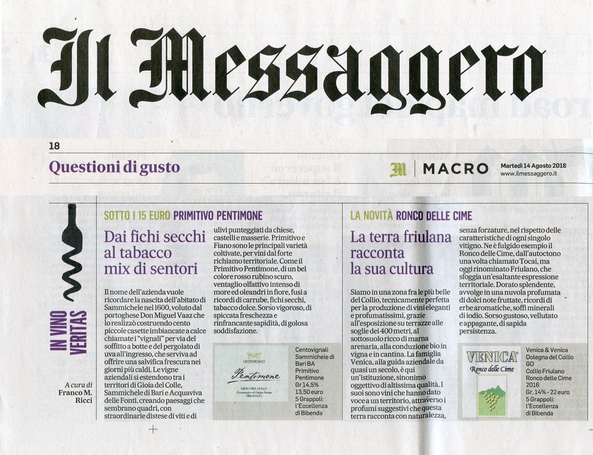 Il Messaggero di Martedì 14Agosto 2018 / Centovignali