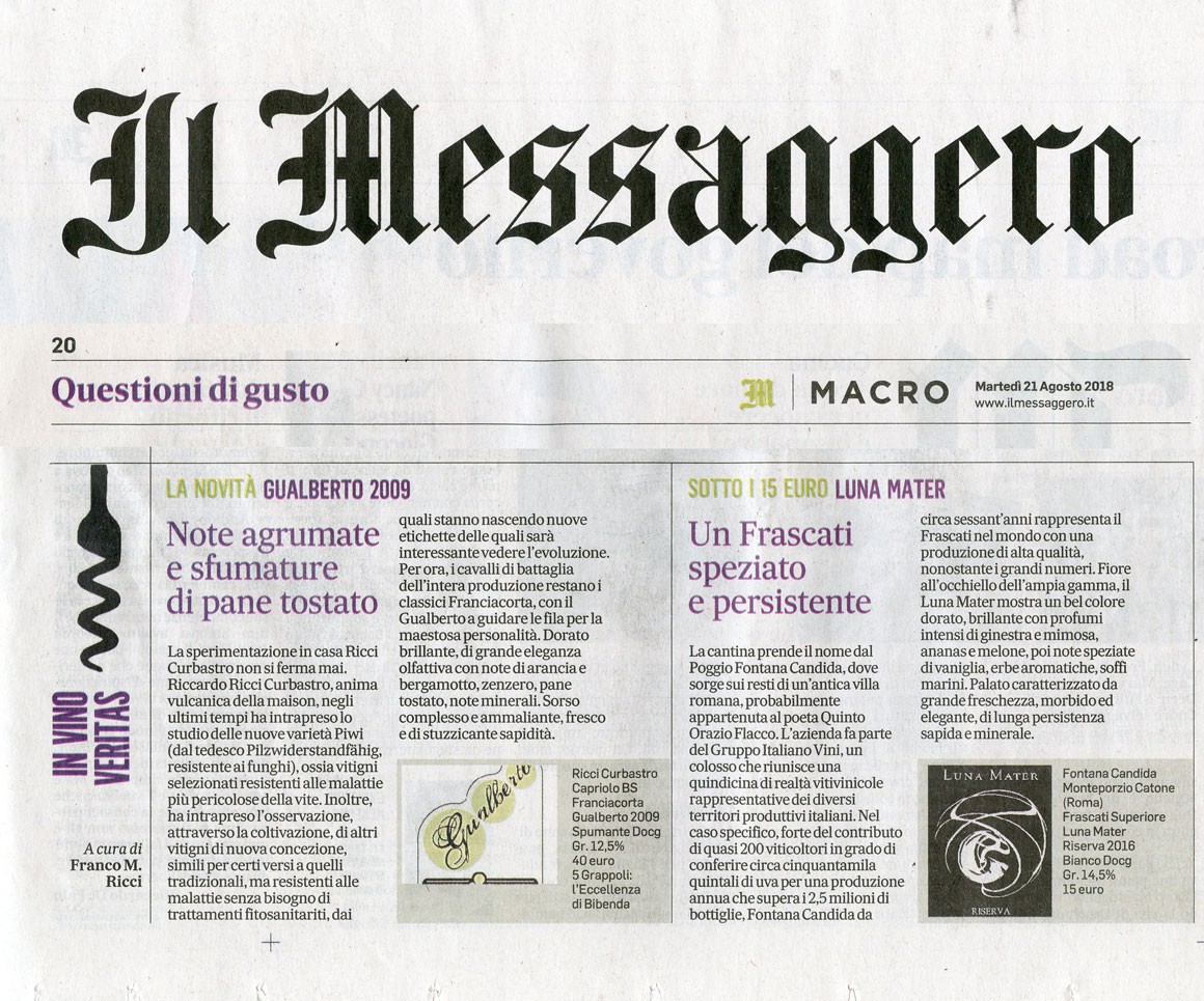 Il Messaggero di Martedì 21 Agosto 2018 / Ricci Curbastro