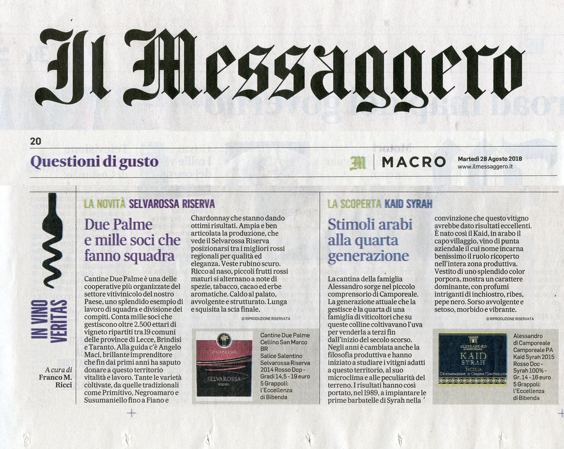 Il Messaggero di Martedì 28 Agosto 2018 / Cantine Due Palme