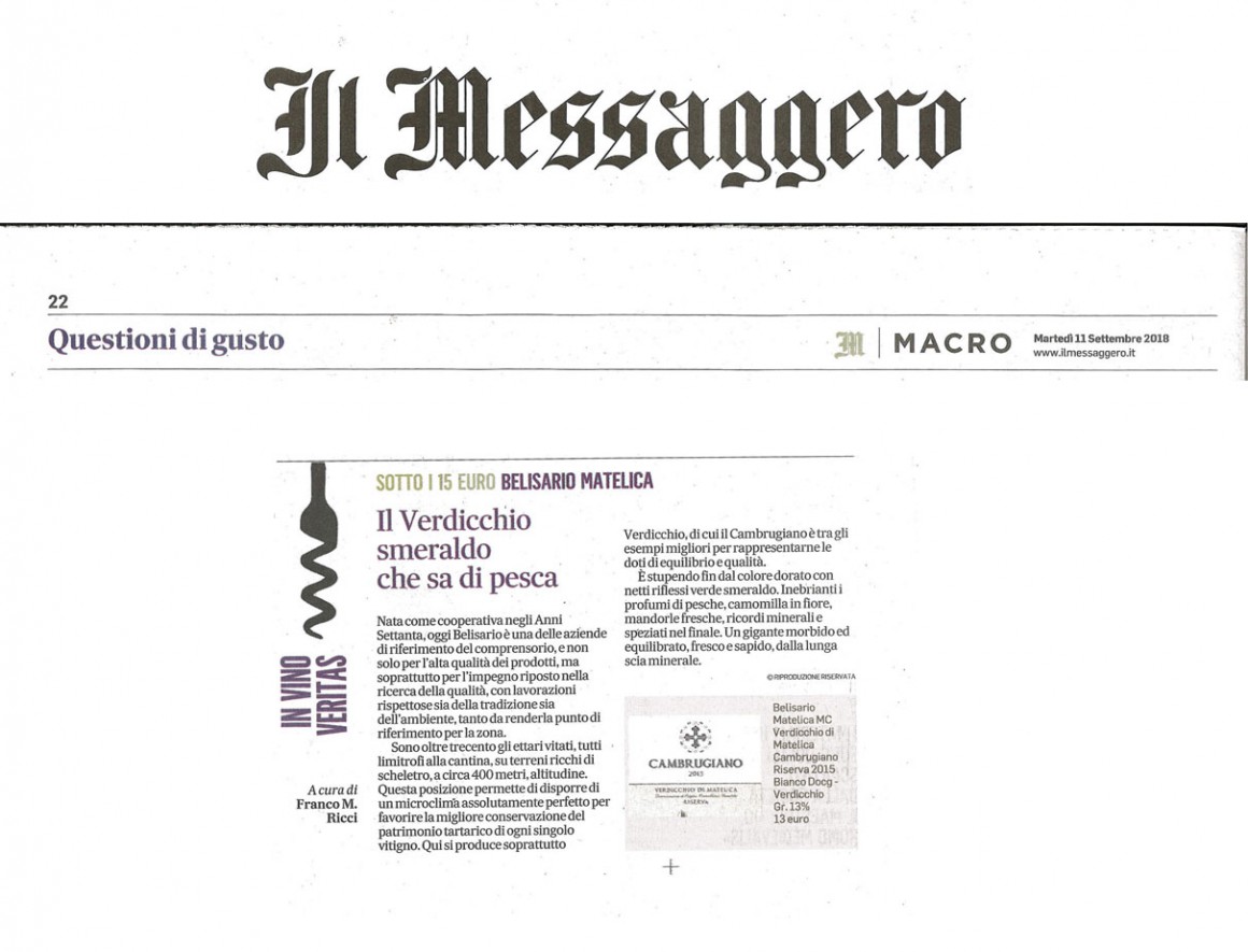 Il Messaggero di Martedì 11 Settembre 2018 / Belisario Il Messaggero di Martedì 11 Settembre 2018 / Belisario