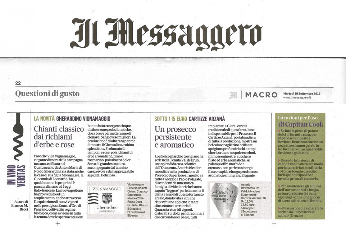 Il Messaggero di Martedì 18 Settembre 2018 / Vignamaggio Il Messaggero di Martedì 18 Settembre 2018 / Vignamaggio