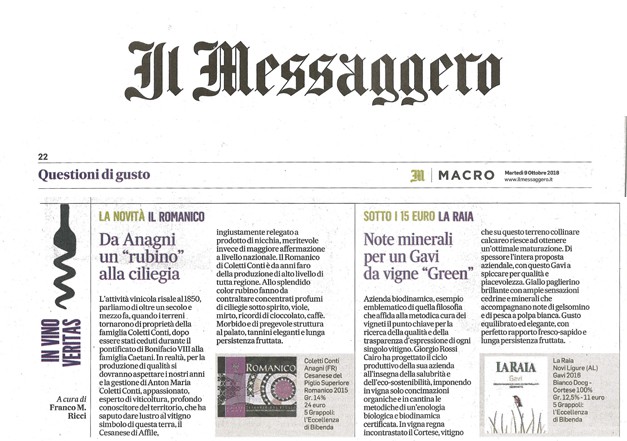 Il Messaggero di Martedì 10 Ottobre 2018 / Coletti Conti