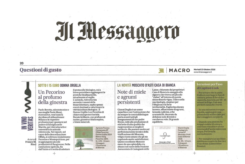 Il Messaggero di Martedì 23 Ottobre 2018 / Gianni Doglia