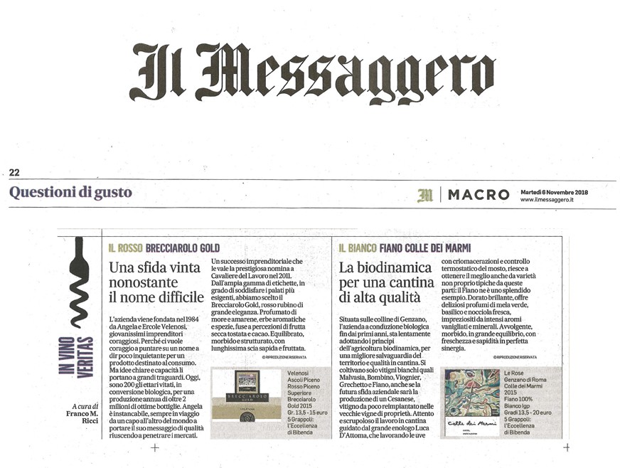 Il Messaggero di Martedì 6 Novembre 2018 / Velenosi Il Messaggero di Martedì 6 Novembre 2018 / Velenosi