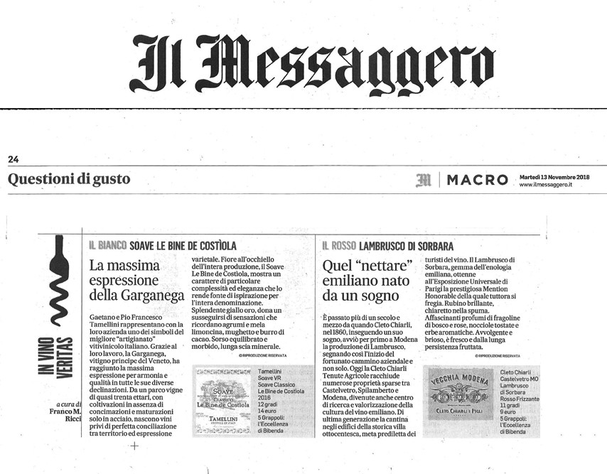 Il Messaggero di Martedì 13 Novembre 2018 / Cleto Chiarli