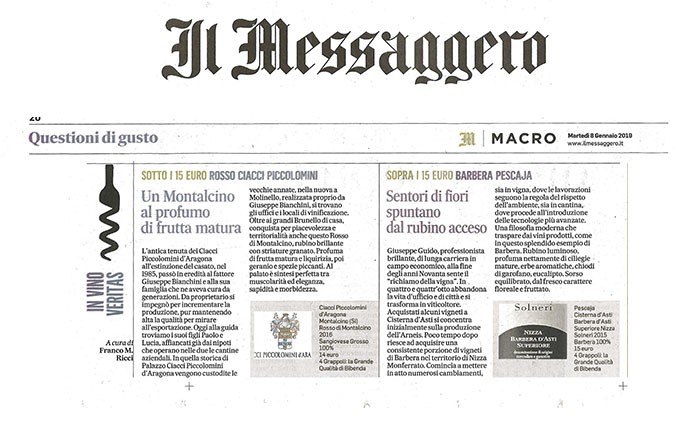 Il Messaggero di Martedì 8 Gennaio 2019 / Ciacci Piccolomini