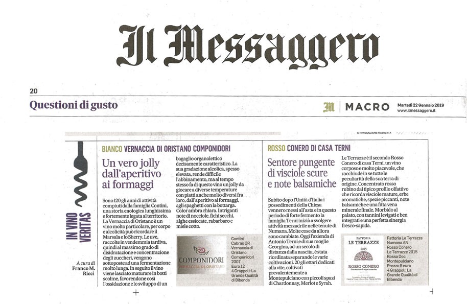 Il Messaggero di Martedì 22 Gennaio 2019 / Fattoria Le Terrazze