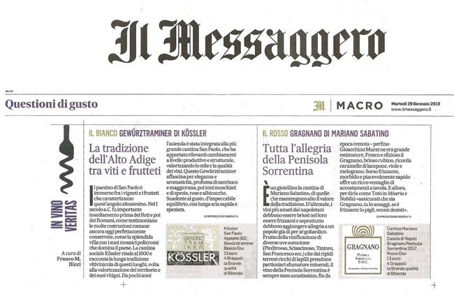 Il Messaggero di Martedì 29 Gennaio 2019 / Cantine Mariano Sabatino