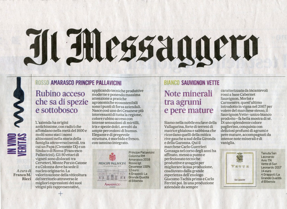 Il Messaggero di Martedì 12 Febbraio 2019 / Tenuta San Leonardo Il Messaggero di Martedì 12 Febbraio 2019 / Tenuta San Leonardo
