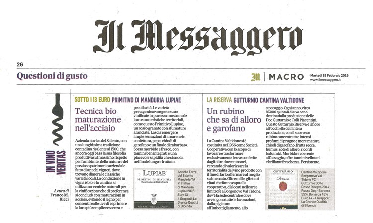 Il Messaggero di Martedì 19 Febbraio 2019 / Cantina Valtidone