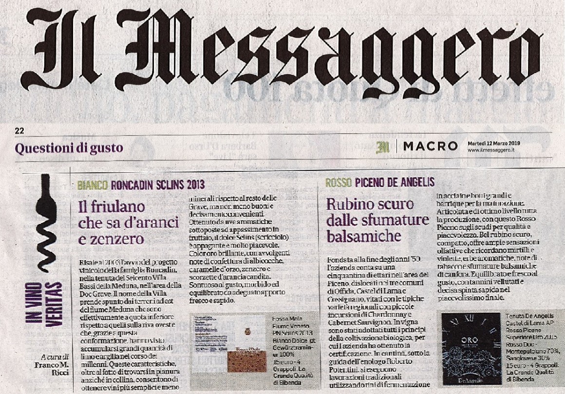 Il Messaggero di Martedì 12 Marzo 2019 / Tenuta De Angelis