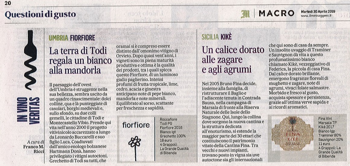 Il Messaggero di Martedì 30 Aprile 2019 / Fina Vini Il Messaggero di Martedì 30 Aprile 2019 / Fina Vini