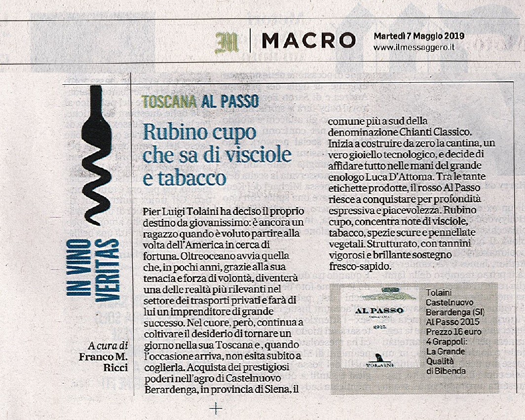 Il Messaggero di Martedì 7 Maggio 2019 / Tolaini Il Messaggero di Martedì 7 Maggio 2019 / Tolaini