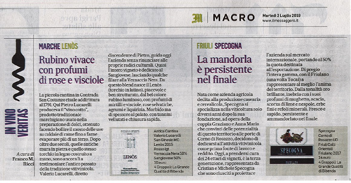 Il Messaggero di Martedì 2 Luglio 2019 / Specogna