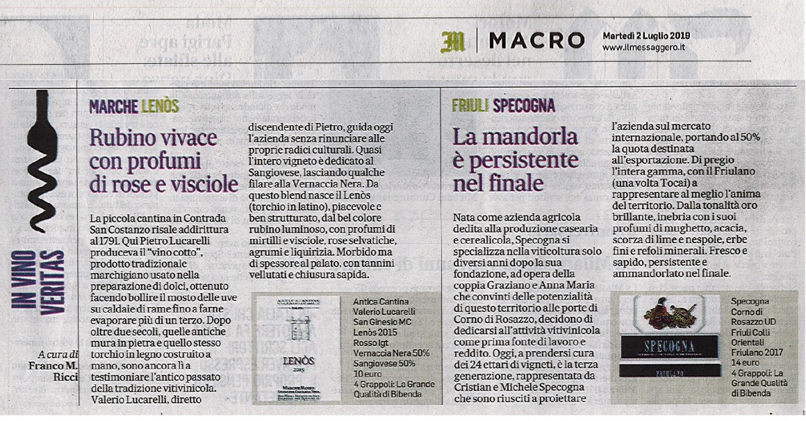 Il Messaggero di Martedì 2 Luglio 2019 / Antica Cantina Valerio Lucarelli Il Messaggero di Martedì 2 Luglio 2019 / Antica Cantina Valerio Lucarelli