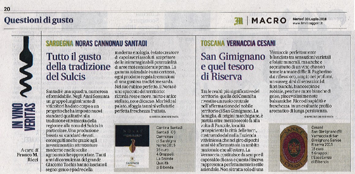 Il Messaggero di Martedì 30 Luglio 2019 / Cantina Santadi