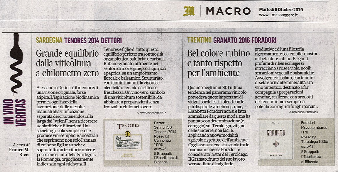 Il Messaggero di Martedì 8 Ottobre 2019 / Dettori