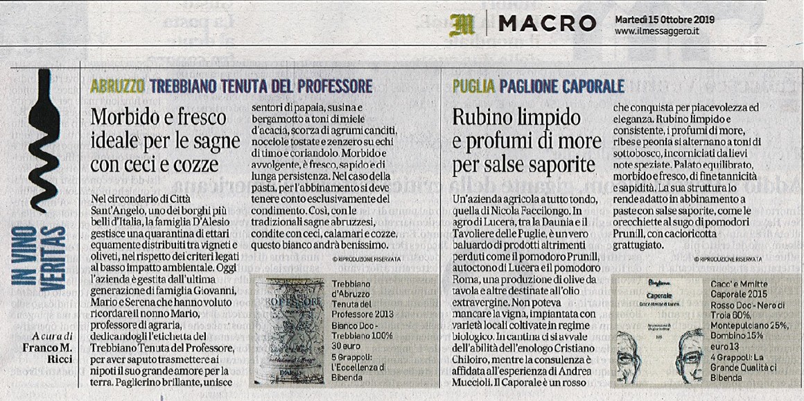 Il Messaggero di Martedì 15 Ottobre 2019 / D'Alesio Sciarr