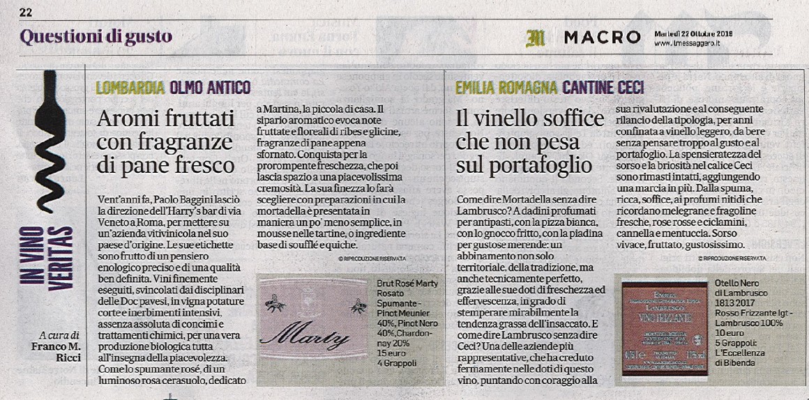 Il Messaggero di Martedì 22 Ottobre 2019 / Cantine Ceci