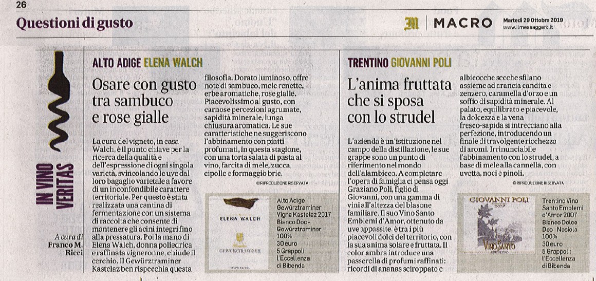 Il Messaggero di Martedì 29 Ottobre 2019 / Elena Walch