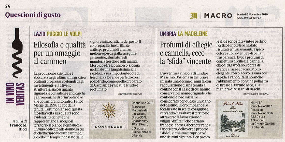 Il Messaggero di Martedì 5 Novembre 2019 / La Madeleine