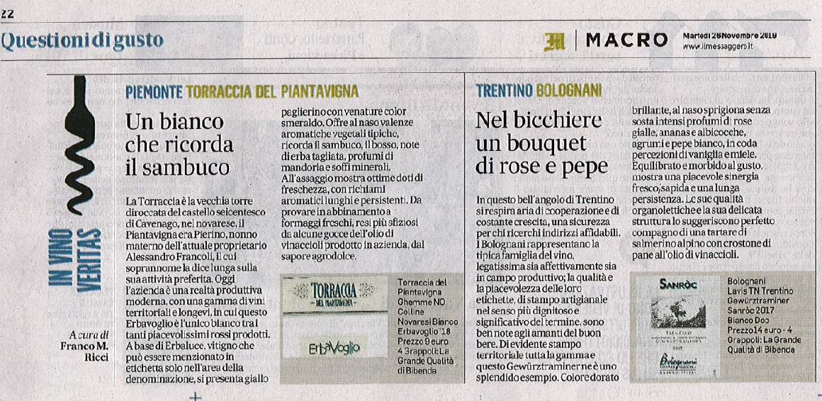 Il Messaggero di Martedì 26 Novembre 2019 / Torraccia del Piantavigna Il Messaggero di Martedì 26 Novembre 2019 / Torraccia del Piantavigna
