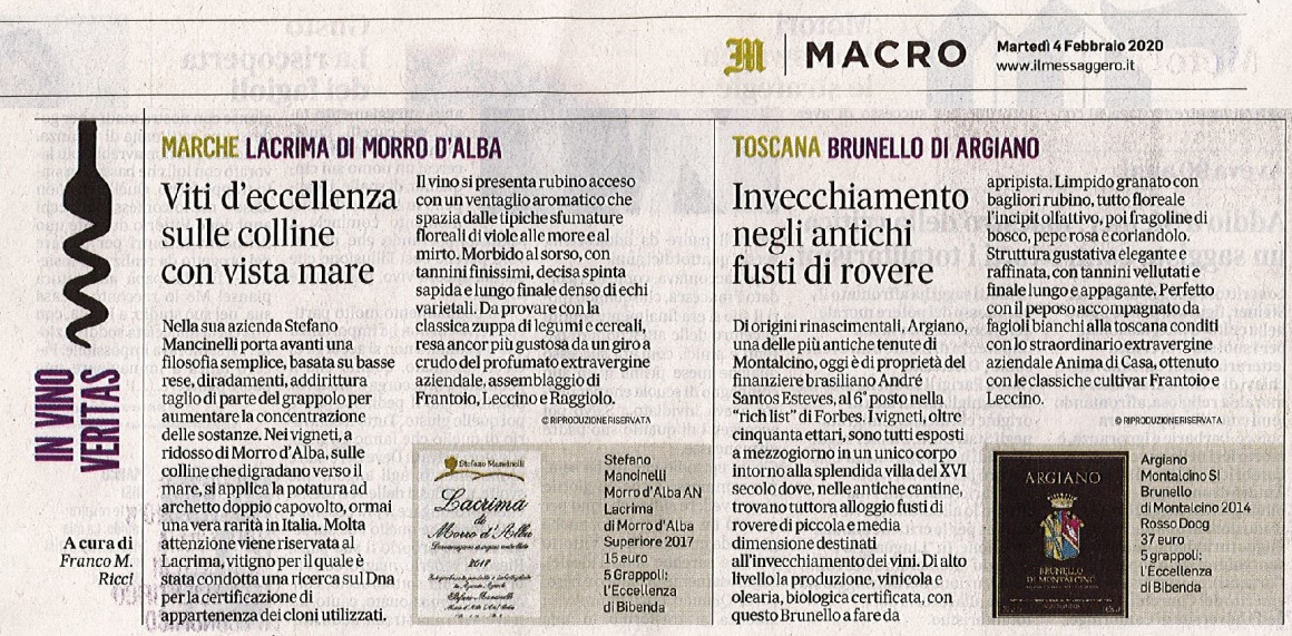 Il Messaggero di Martedì 4 Febbraio 2020 / Argiano Il Messaggero di Martedì 4 Febbraio 2020 / Argiano