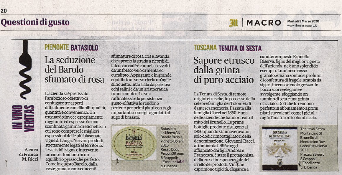 Il Messaggero di Martedì 3 Marzo 2020 / Tenuta di Sesta Il Messaggero di Martedì 3 Marzo 2020 / Tenuta di Sesta
